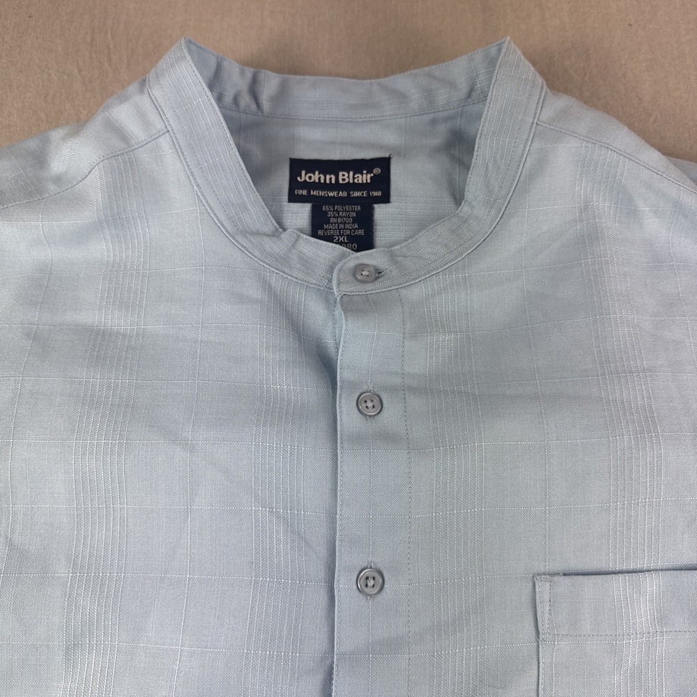 Vintage John Blair Shirt Mens 2XL Blue Band Collar Plaid Long Sleeve Button Up